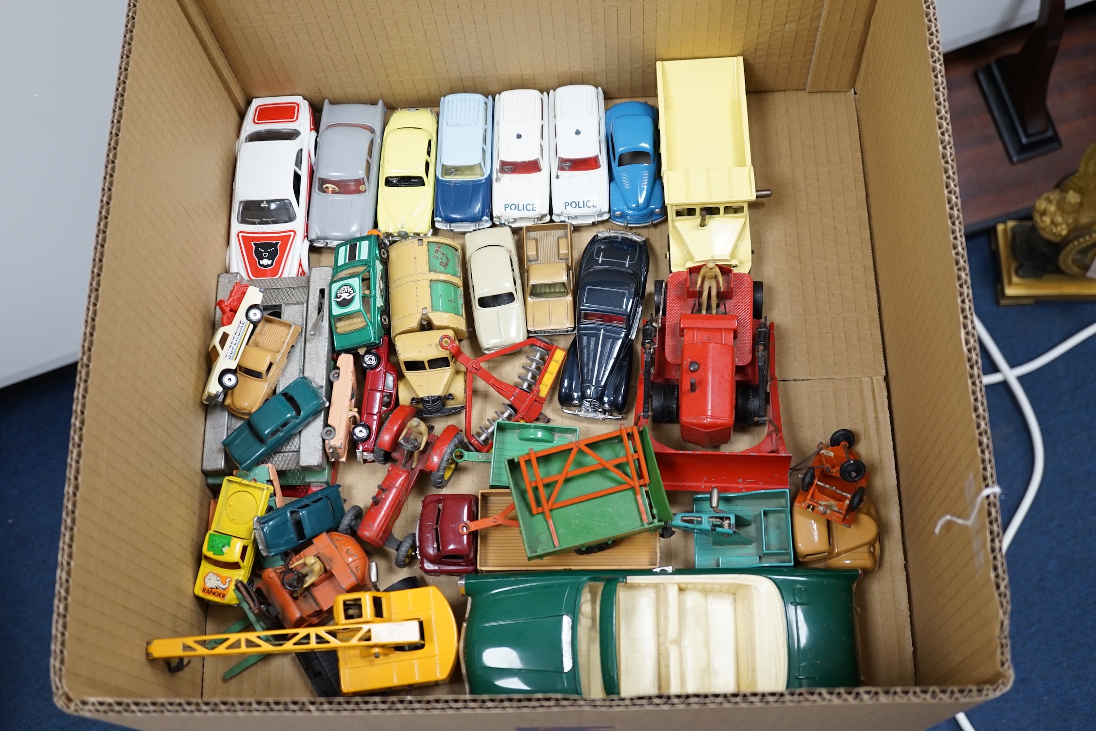 Twenty-seven Dinky Toys and French Dinky Toys, together with other diecast vehicles by Spot-On, Corgi, Matchbox Series, Mercury, CIJ, etc.
